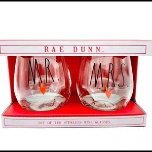RAE DUNN Mr. and Mrs. Stemless Wine Glasses Set Clear Heart Valentine's Day Gift